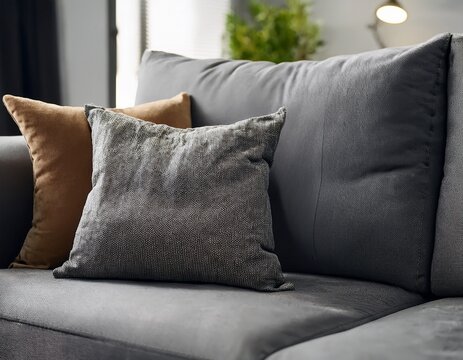 cozy gray sofa with soft textured pillow