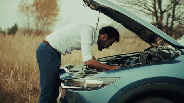 Driver Looking Under Open Hood Of Car On Rural Countryside Road. Businessman Checking Engine Bay Repairing Automobile Failure