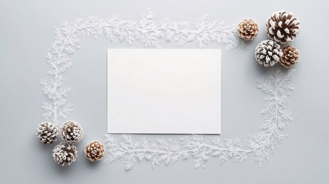 Minimal winter holiday mockup with blank white card, frosted snowflake border and pine cones on a light gray background