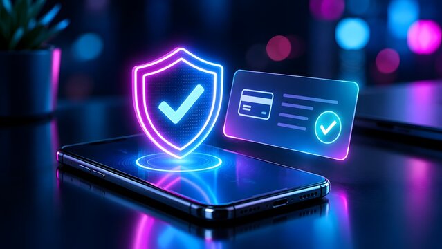 Neon glowing shield with checkmark and credit card icon hovering over a smartphone representing secure mobile payment and digital banking protection.