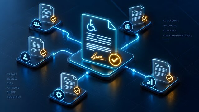 Digital network of accessible documents with wheelchair icons and checkmarks, symbolizing inclusive corporate workflows and scalable e-signature compliance.