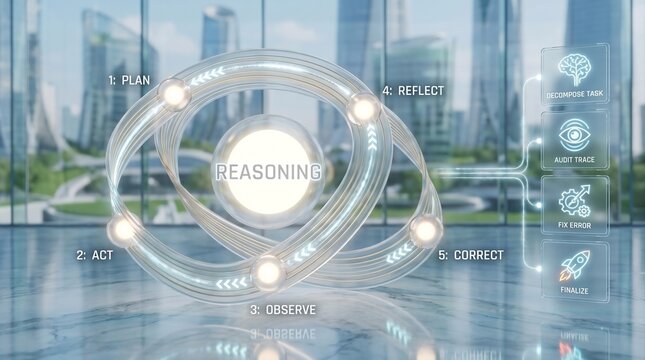 Agentic artificial intelligence reasoning loop displaying plan act observe steps in modern corporate office for enterprise autonomous software presentation background