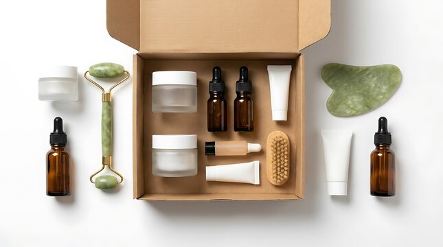 Natural skincare beauty products in a cardboard box with jade roller and gua sha stone tool. cosmetic subscription boxes