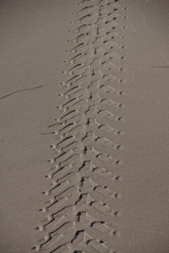 Long straight tire track in wet beach sand