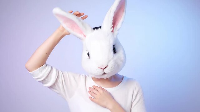 Woman in white bunny mask with hand on chest on gradient background