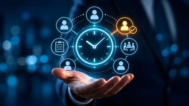 Businessman hand holding a glowing digital clock with human resources and task management icons, symbolizing time management, recruitment, and business efficiency.
