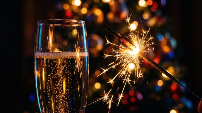 flute with sparkling wine and a glowing firework stick. Festive holiday lights create a blurred bokeh background for the celebration.