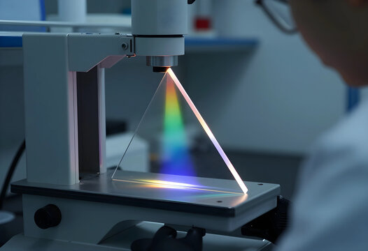 Scientific research and optical physics, light refraction through a glass prism in a laboratory experiment for advanced photonics and laser technology