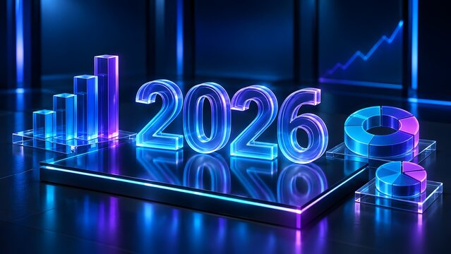 Glowing futuristic 2026 text with transparent glass bar charts and pie charts on a podium, representing annual business forecast and financial goals.