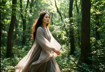 Obraz premium Fantasy storytelling and ethereal beauty, young woman wearing a crown walking through a sunlit forest with cinematic lighting and mystical atmosphere