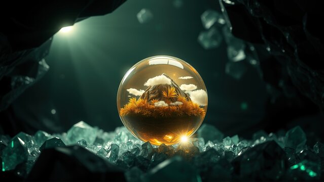 Crystal sphere contains miniature landscape. Mountains, clouds, light create surreal scene within dark cavern setting. Dramatic illumination.