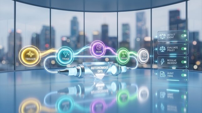 Autonomous operations artificial intelligence workflow displaying incident resolution and triage in corporate office for enterprise DevOps automation background