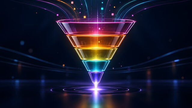 Futuristic glowing digital sales funnel visualizing marketing conversion, data filtration, and customer acquisition strategy.