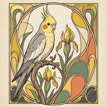 아르누보 디자인 배경, 왕관앵무, jpeg (Art Nouveau Design Background, Cockatiel, jpeg)