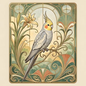 아르누보 디자인 배경, 왕관앵무, jpeg (Art Nouveau Design Background, Cockatiel, jpeg)