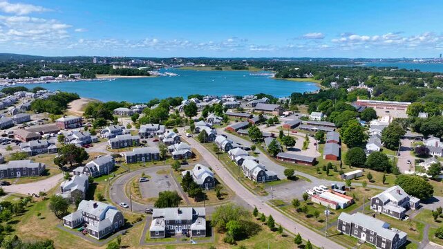 Germantown and Fire Station Beach aerial view between Town River Bay and Quincy Bay in city of Quincy, Massachusetts MA, USA. 