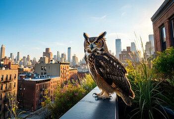 Fototapeta premium Urban wildlife and nature in city, great horned owl perched on a rooftop terrace overlooking a metropolitan skyline at sunset with golden hour light