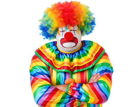 Grumpy clown with rainbow wig and crossed arms isolated on transparent background PNG element