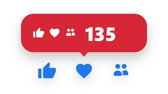 Social media interaction animation featuring counters for likes, hearts, followers, and reactions. White background.4k