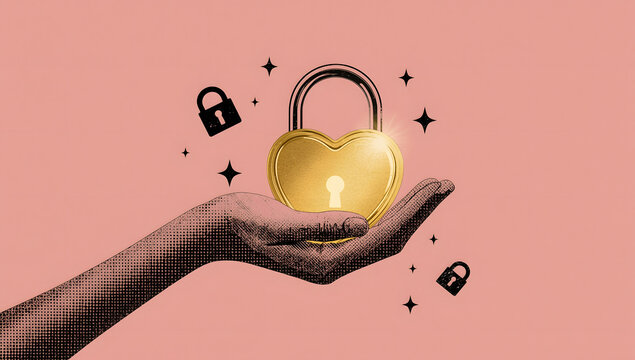 Retro hand holding valentine heart padlock