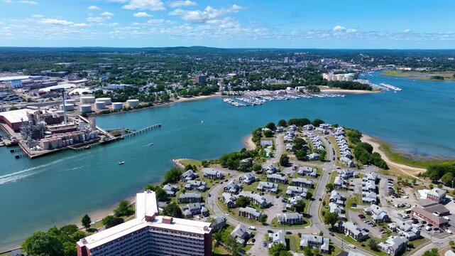 Town River mouth to Fore River aerial view including Bay Pointe Marina and Germantown in Quincy, Massachusetts MA, USA.