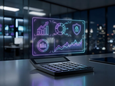 A modern futuristic laptop screen showcases intricate complex data visualizations within a dimly lit office environment with out of focus people