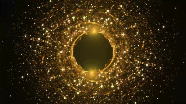 Abstract golden light particles orbiting in dual circular motion with shimmering glitter stars, luxury gold dust sparkle ring portal isolated on dark black background 4k video loop
