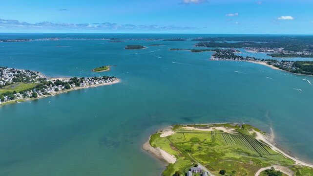 Boston Harbor Islands National Park aerial view in Hingham Bay, including Raccoon Island, Grape Island and Webb Memorial State Park in city of Weymouth, Massachusetts MA, USA. 