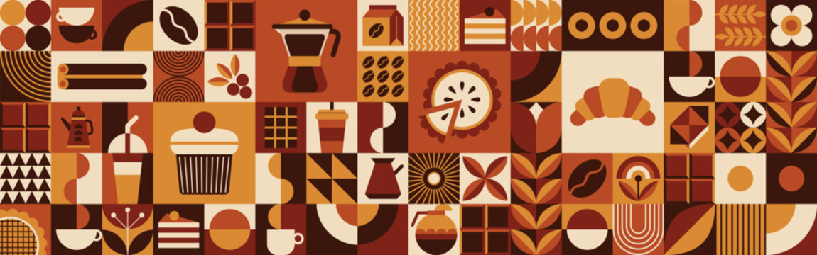 Retro Coffee & Bakery Geometric Pattern &ndash; Vintage Caf&eacute;, Pastry and Botanical Abstract Design