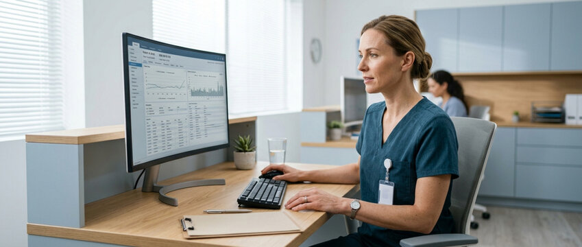 Healthcare professional working on computer in modern office, data analysis