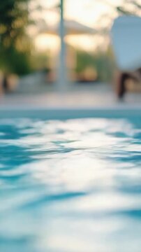 A pool with lounge chairs in the background, perfect for sunbathing or reading a book