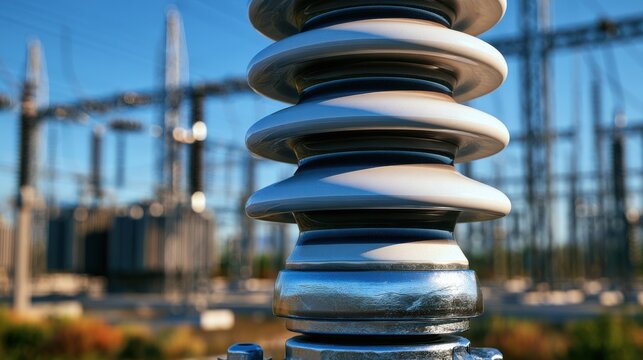 Close-up of a high-voltage porcelain insulator in a substation, showcasing industrial design and utility components for energy infrastructure use.