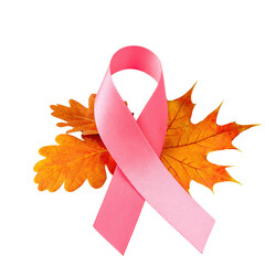 Fototapeta premium Pink satin ribbon for breast cancer awareness with orange autumn maple and oak leaves isolated on transparent background PNG element