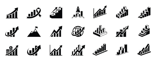 Fototapeta premium A collection of black and white business icons featuring a bar graph and various financial growth charts for professional data analysis and presentations