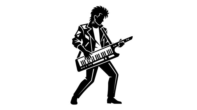 Retro 80s Style Musician Playing Keytar Silhouette Vector Illustration, Rockstar with Electronic Keyboard Instrument