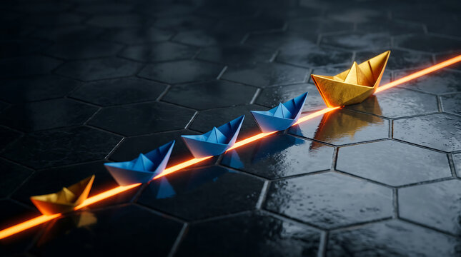 Colorful paper boats aligned along glowing light beam on wet surface
