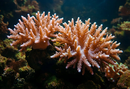 Marine conservation and climate change, healthy coral reef ecosystem with branching corals in deep ocean water for environmental awareness and research