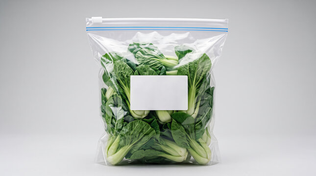 Fresh green leafy vegetables packed in clear resealable plastic bag with label space