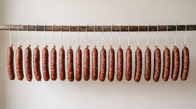 Homemade smoked sausages hanging neatly on wooden rod for drying