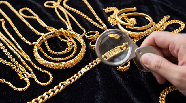 Gold jewelry inspection with magnifying glass revealing purity mark, close up of chains, bracelet and rings black fabric, careful appraisal