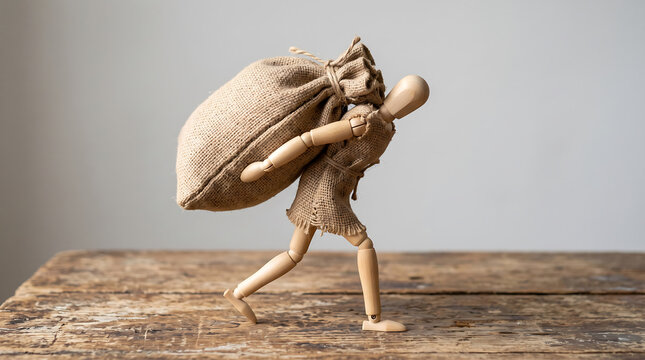 Miniature wooden figure carrying large sack on rustic wooden surface