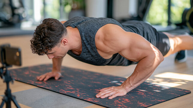 Overhead close-up of a young male faceless athlete sustaining a plank on a premium yoga mat, phone recording the exercise from a small tripod at the side of the frame with subtle bokeh, neutral gym 