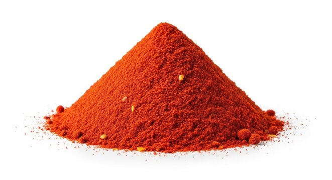 A large pile of bright red chili powder is arranged in a conical shape on a white surface. The powder appears finely ground and slightly damp, with a vibrant, saturated color.