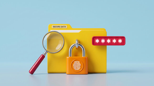 Secure data folder with fingerprint lock and password symbols for cybersecurity illustration
