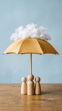 Three wooden figures standing together under a cloud umbrella on table surface