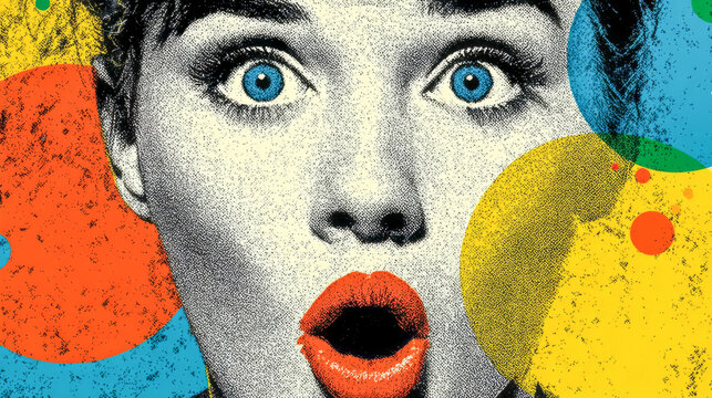 Pop art surprised woman face with shocked expression for sale promo background
