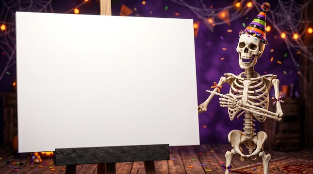 Funny Skeleton Pointing at Blank Advertisement Billboard