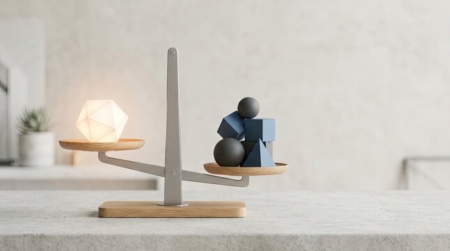 A wooden balance scale displays a geometric light sculpture on one side and a stack of wooden spheres on the other. The scale is made of light gray metal and light wood.