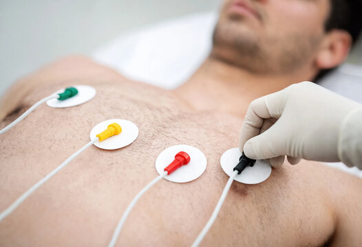 A medical professional attaches electrocardiogram electrodes to an adult man lying on a clinical bed for heart monitoring and diagnostic care.
