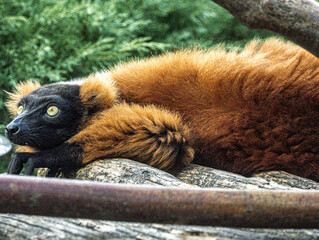 Obraz premium Red ruffed lemur resting on a branch in a zoo